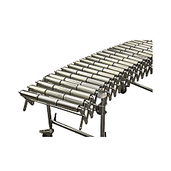 Flexible scissor roller conveyor with carrying rollers, movable and height-adjustable