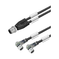 Cavo adattatore per sensore-attuatore (assemblato), cavo di collegamento, M12/ M8, cablaggio doppio, maschio, tipo dritto, femmina 2X, ad angolo 9457410030