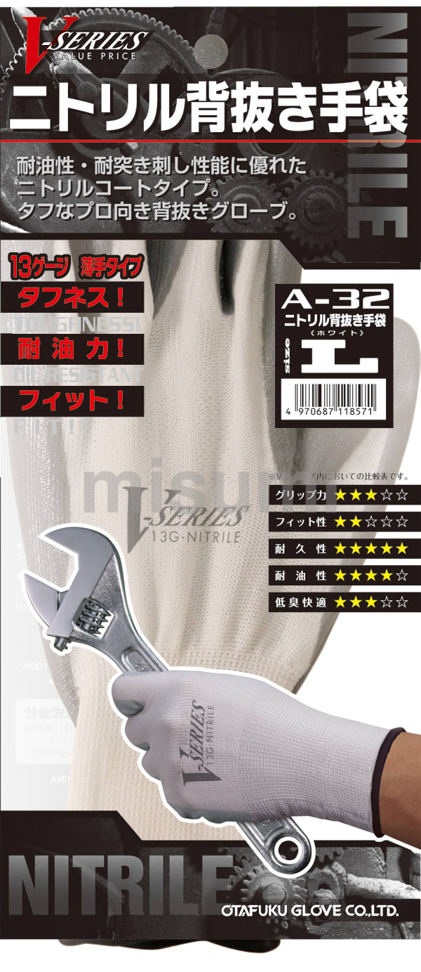 ニトリル背抜き手袋 A-32 おたふく手袋 MISUMI(ミスミ)