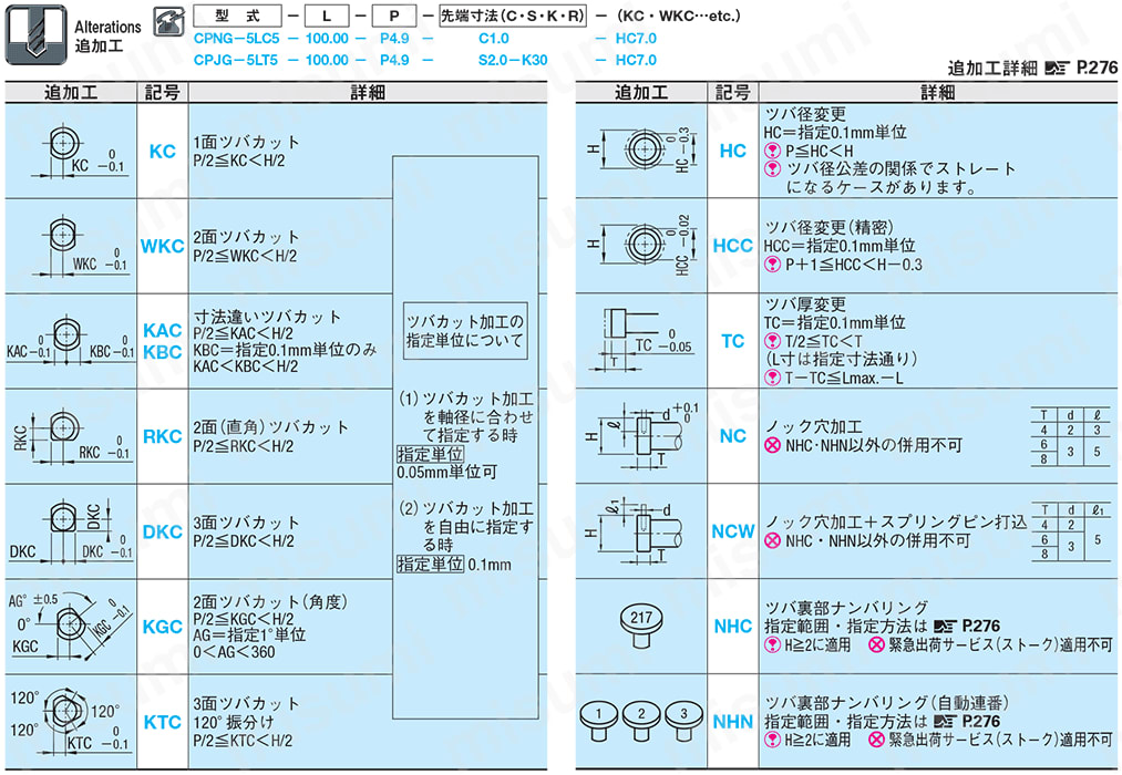 先端加工ストレートセンターピン -ダイス鋼SKD61+窒化/軸径(P)0.1mm指定タイプ- 