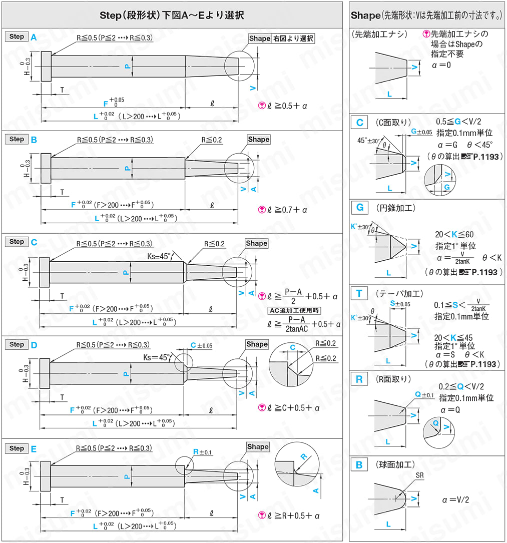 1段センターピン -ダイス鋼SKD61+窒化/軸径(P)0.1mm指定/軸径公差-0.01_-0.02タイプ- 