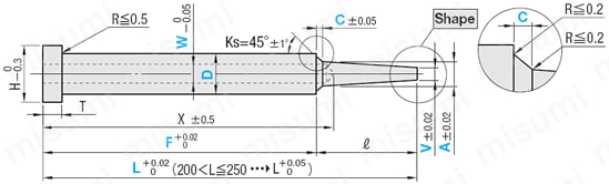 冷却穴付1段センターピン -ダイス鋼SKD61+窒化/軸径(D)固定/軸径公差-0.01_-0.02タイプ-:関連画像