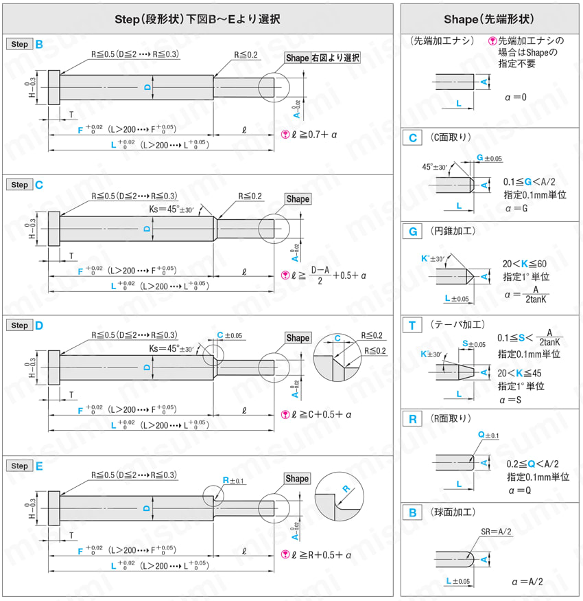 テーパレス1段センターピン -ダイス鋼SKD61+窒化/軸径(D)固定タイプ- 