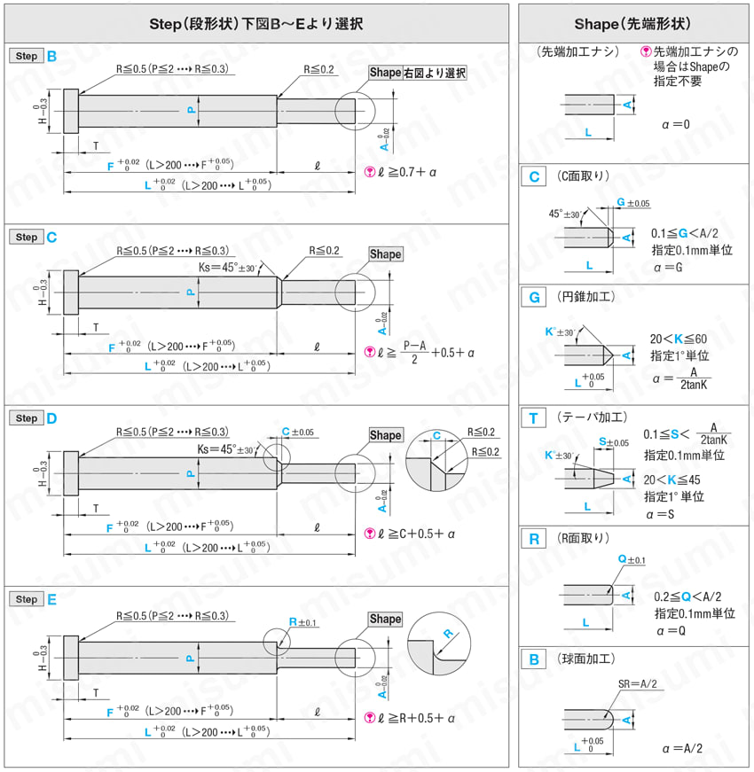 テーパレス1段センターピン -ダイス鋼SKD61+窒化/軸径(P)0.1mm指定タイプ- 