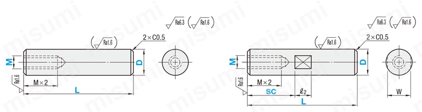 Rotary Shaft - One End Tapped Dimensional Drawing 1