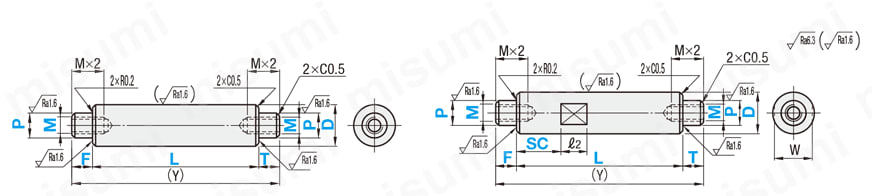 Rotary Shaft - Both Ends Stepped, Both Ends Tapped Dimensional Drawing 1