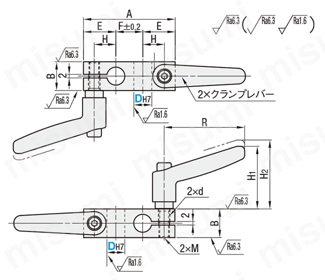 支柱クランプ　同径直交クランプレバー付　外形図1