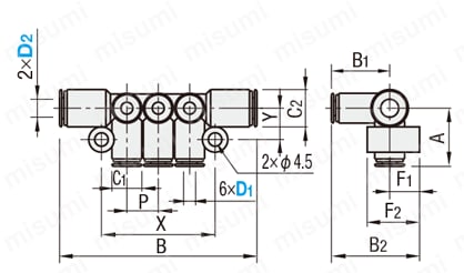 One-Touch Couplings, Manifold Type, 3 × 2 Dimensional Drawing