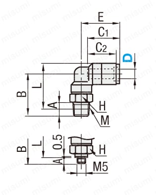 Heat-Resistant One-Touch Fittings, Elbows, Dimensional Drawing