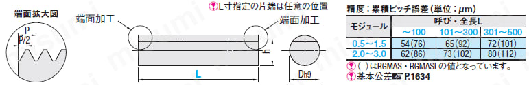 RGMAP2.0-500 ラックギア 丸ラック L寸固定/L寸指定タイプ 圧力角20° ミスミ MISUMI(ミスミ)
