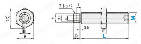 ウレタン付ストッパボルト　ストレートタイプ 外形図