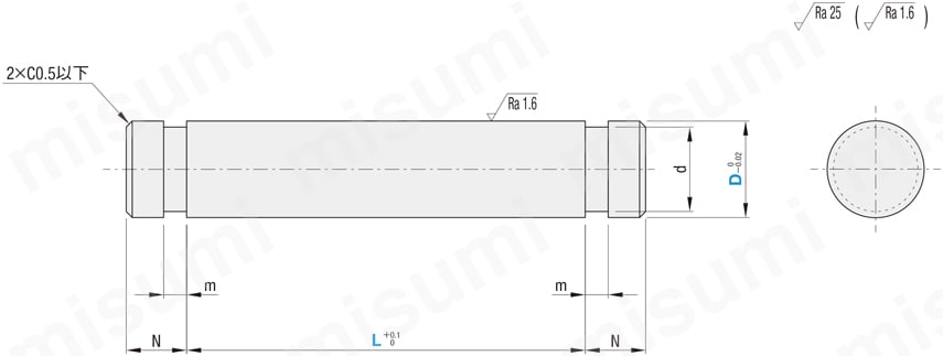 ヒンジピン　ストレート止め輪固定タイプ　寸法図HINGE PINS