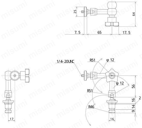取付冶具（カメラフレキシブルアーム）：外形図