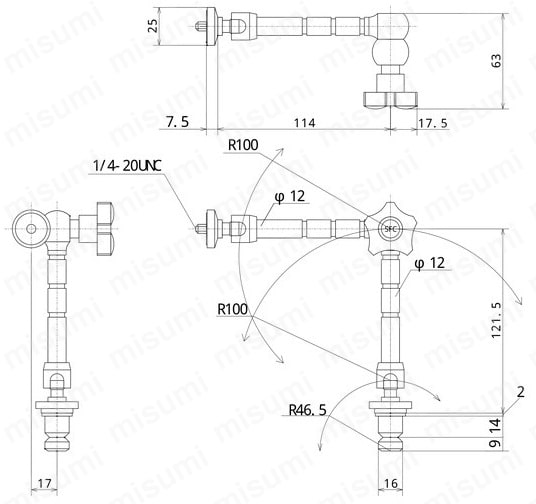 取付冶具（カメラフレキシブルアーム）：外形図