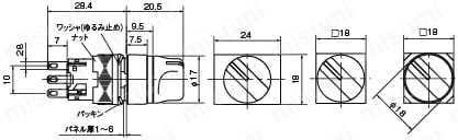 セレクタスイッチ　取付穴Φ16・Φ22・Φ30:外形図
