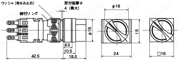 セレクタスイッチ　取付穴Φ16・Φ22・Φ30:外形図