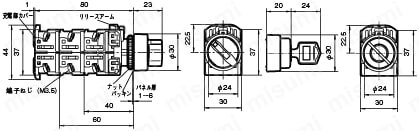 セレクタスイッチ　取付穴Φ16・Φ22・Φ30:外形図