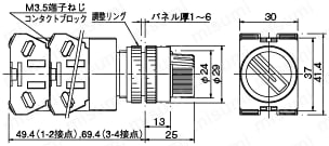 セレクタスイッチ　取付穴Φ16・Φ22・Φ30:外形図