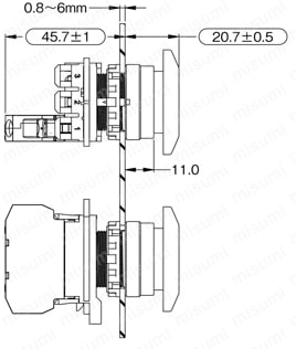 押しボタンスイッチ　取付穴Φ22　非照光（バリュー品）:外形図