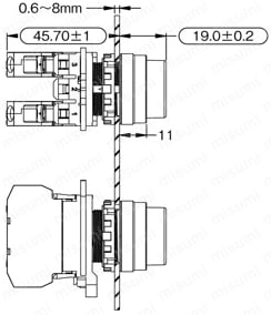 押しボタンスイッチ　取付穴Φ22　非照光（バリュー品）:外形図
