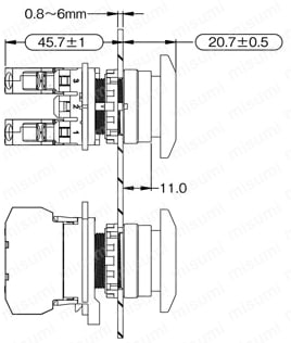 押しボタンスイッチ　取付穴Φ22　非照光（バリュー品）:外形図