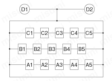コモン端子台　単極　1対15 結線図