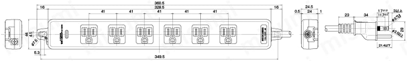 OAタップ 4ヶ・6ヶ口（エコ環境タイプ/多機能タイプ15A 125V）:外形図