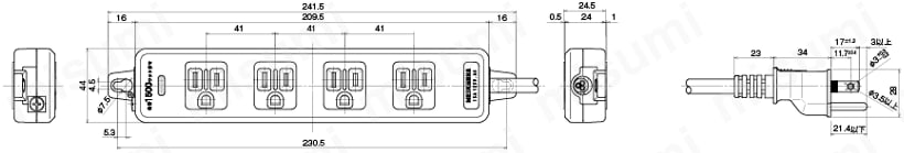 OAタップ 4ヶ・6ヶ口（エコ環境タイプ/多機能タイプ15A 125V）:外形図