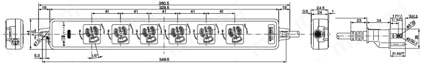 OAタップ 4ヶ・6ヶ口（エコ環境タイプ/多機能タイプ15A 125V）:外形図