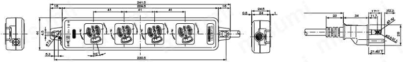 OAタップ 4ヶ・6ヶ口（エコ環境タイプ/多機能タイプ15A 125V）:外形図
