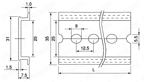 DINレール(アルミタイプ) 取付穴 5．5×8長穴 外形図