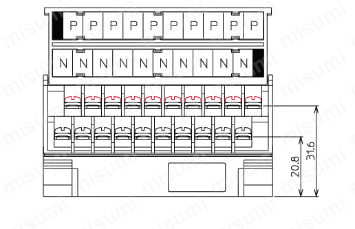 MWI-COM-P10N10 | コモン端子台 Pコモン、Nコモン分割 1対10ｘ2極