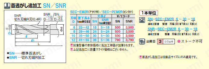 超硬スクエアエンドミル　２枚刃／刃長３Ｄ（レギュラー）タイプ:関連画像
