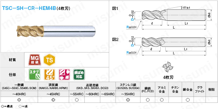 ＴＳＣシリーズ超硬ラジアスエンドミル　（焼ばめホルダ用）４枚刃・４５゜ネジレ／スタブタイプ:関連画像