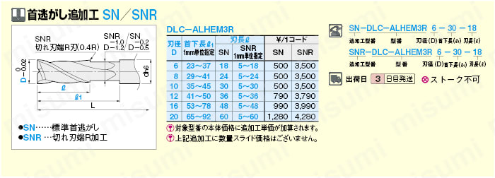 DLCコート超硬スクエアエンドミル アルミ加工用/3枚刃/刃長3D