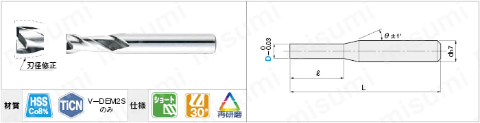 ハイス鋼0．01ｍｍ単位刃径指定エンドミル 2枚刃/ショート | ミスミ | MISUMI(ミスミ)