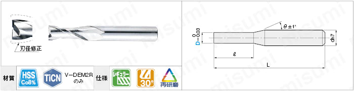 ハイス鋼0．01ｍｍ単位刃径指定エンドミル 2枚刃/レギュラー | ミスミ | MISUMI(ミスミ)