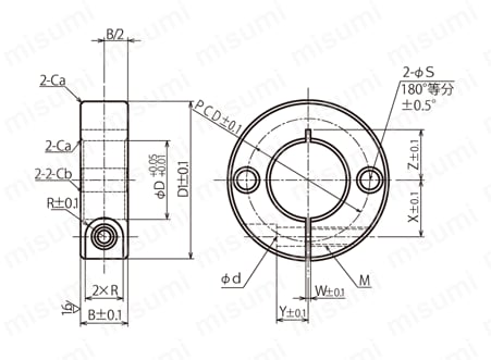 シャフトカラー KSC-SL2固定用2穴付スリットタイプ 外形図