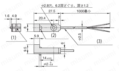 アンプ内蔵小形近接センサ　前面検出タイプ　回り止めボスあり形　外形図