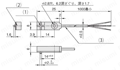 アンプ内蔵小形近接センサ　側面検出タイプ　回り止めボスあり形　外形図
