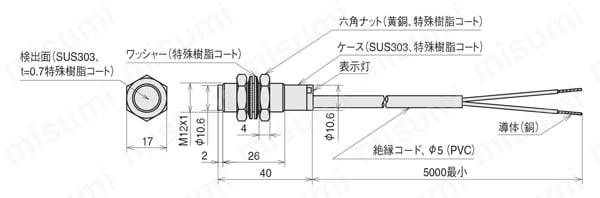 シリンダ形フルステンレスハウジング近接センサ　外形図-7