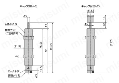 FWM-1612XBD-S | 外径M16の調整式ソフトアブソーバー FA／FWM