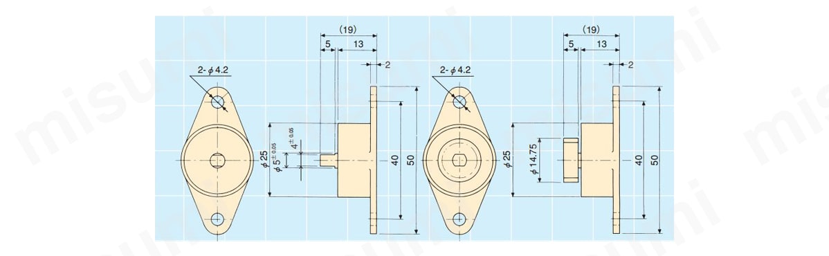 ロータリーダンパー（両方向性/一方向性） FRT/FRN-D2シリーズの外形図