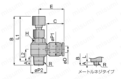 ワンタッチ継手内蔵型圧力制御弁 プレッシャコントローラ エルボ 外形図01
