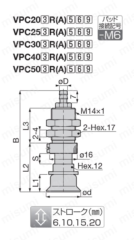 ロングストローク スタンダードタイプ VPC バーブ継手タイプ カバー付 外形図4