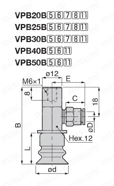 真空パッド ベローズタイプ VPB ワンタッチ継手タイプ・メネジ 外形図2