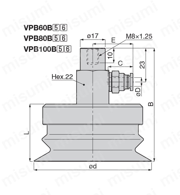 真空パッド ベローズタイプ VPB ワンタッチ継手タイプ・メネジ 外形図3