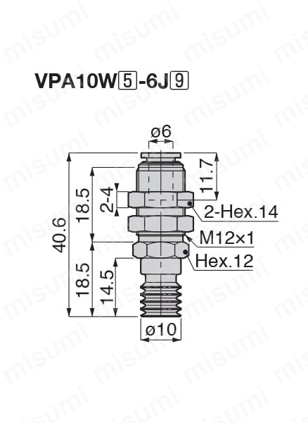 真空パッド  多段ベローズタイプ VPA ワンタッチ継手タイプ 外形図（VPA10W）