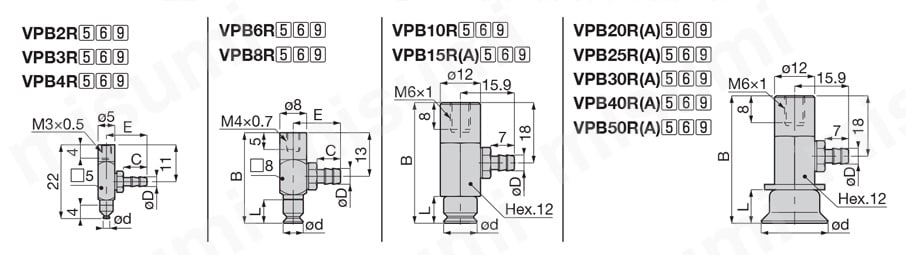 真空パッド スタンダードタイプ VPB バーブ継手タイプ 外形図