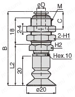 真空パッド ソフトベローズタイプ VPA ワンタッチ継手タイプ VPA20LB（5）（6）（9）外形図